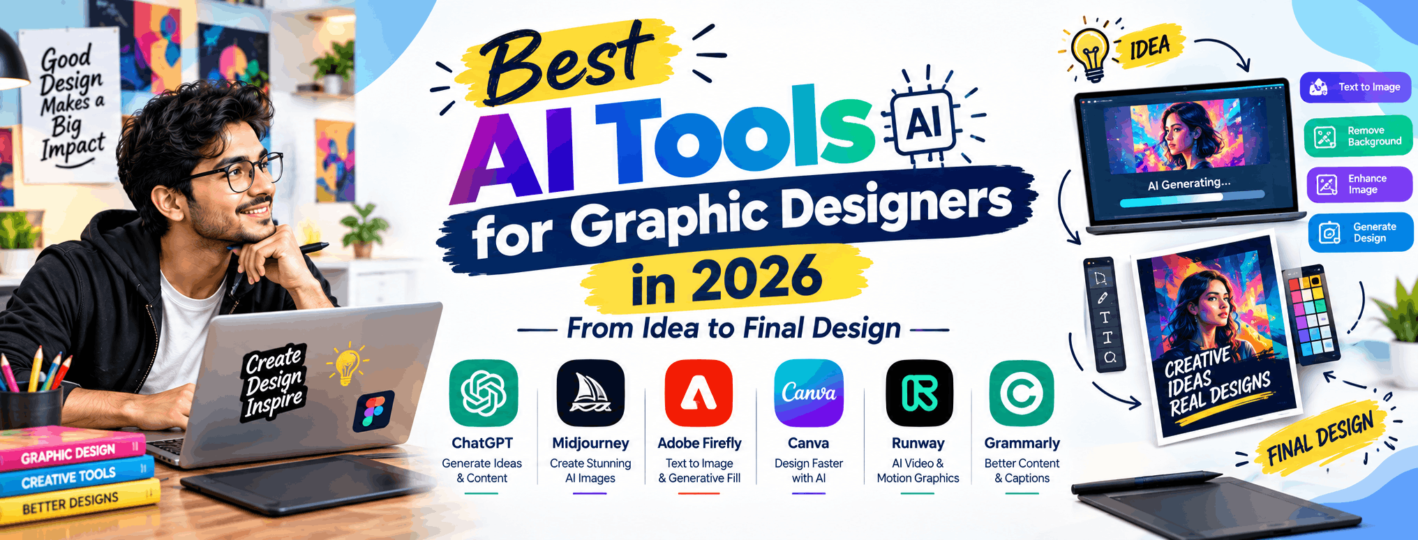 Graphic designer using AI tools on a computer to create digital artwork in 2026