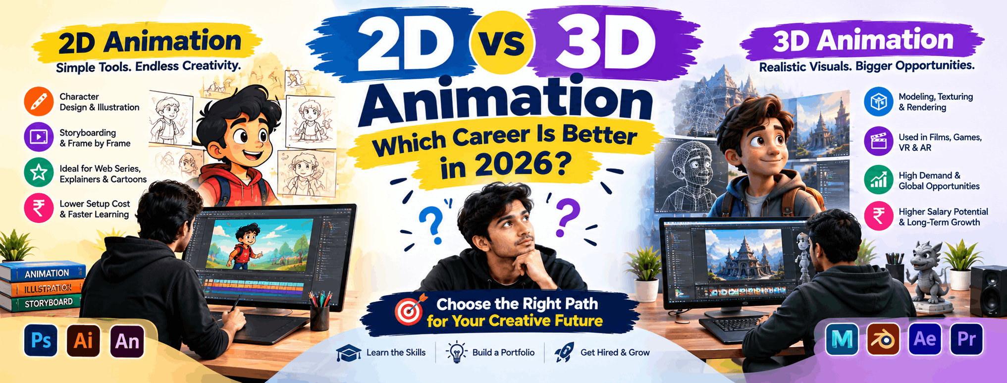 Animator comparing 2D and 3D animation career paths on a computer screen
