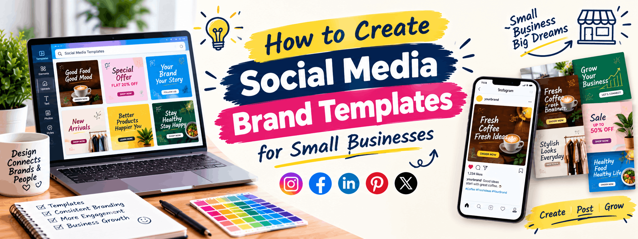 Designer creating social media brand templates on a laptop for a small business
