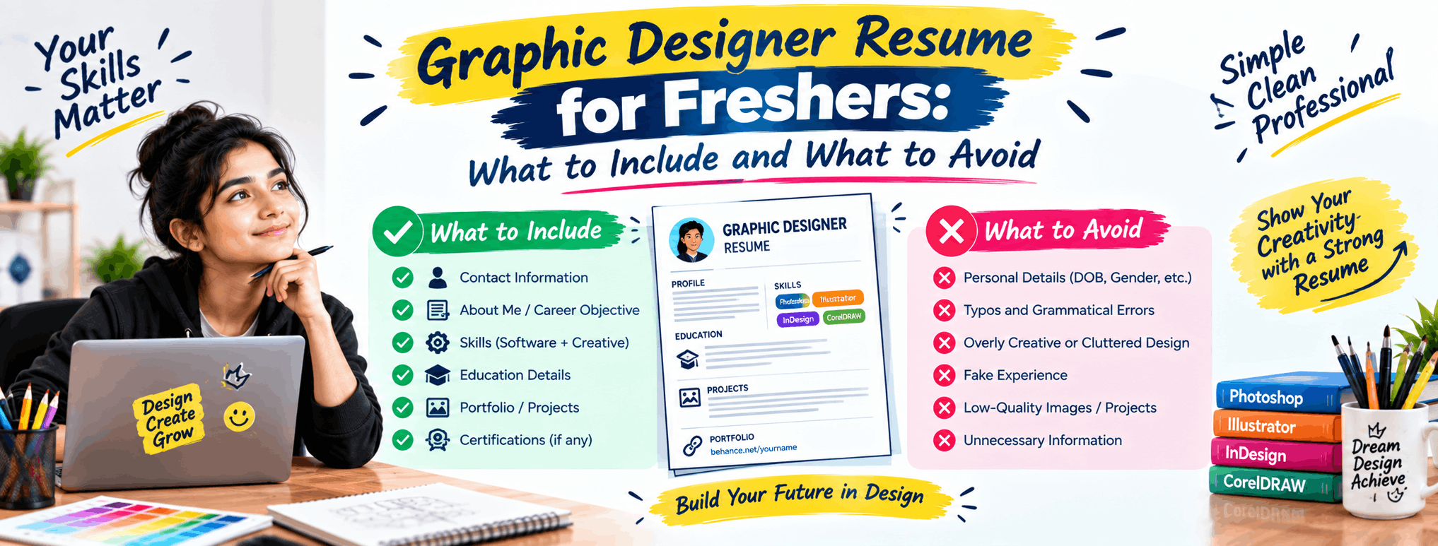 Fresher graphic designer resume layout with portfolio section on laptop screen