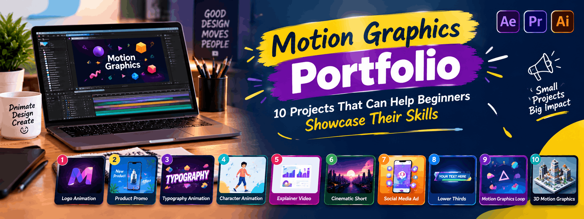 Beginner motion graphics portfolio showing sample animation projects on a screen