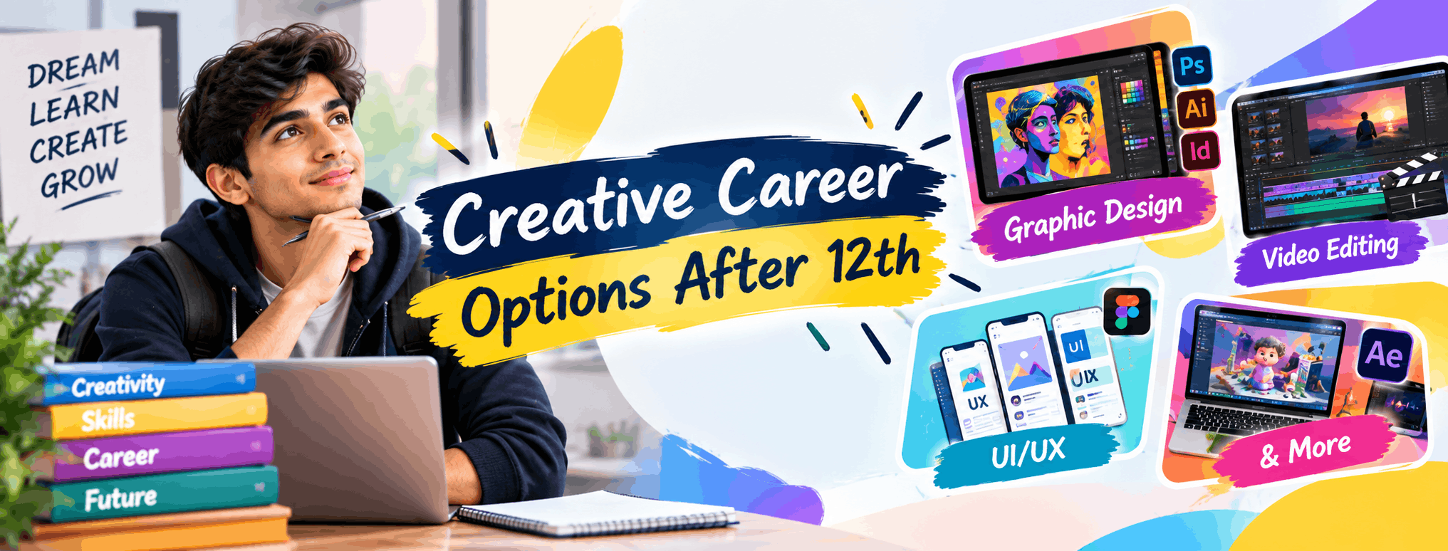 Student exploring creative career options after 12th including graphic design and video editing
