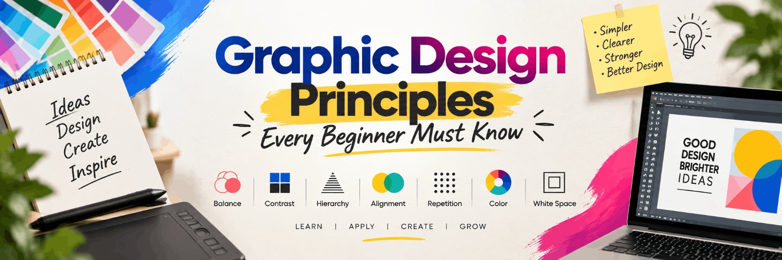 Beginner learning core graphic design principles on a laptop with color and layout examples