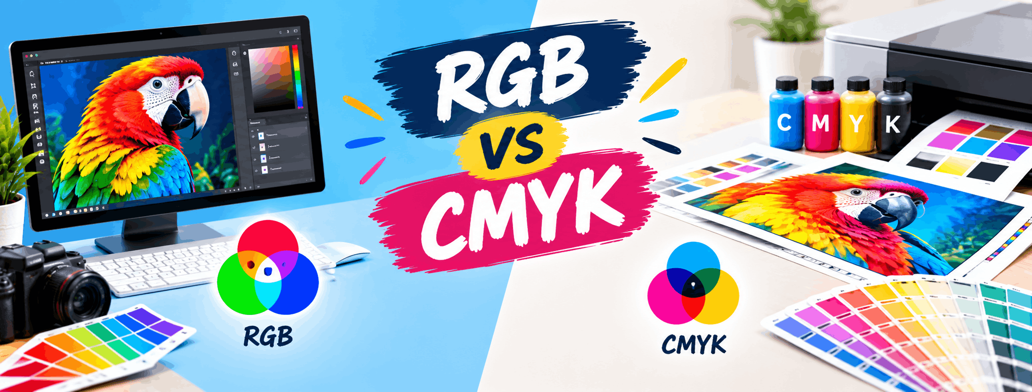 Comparison of RGB and CMYK color models used in graphic design