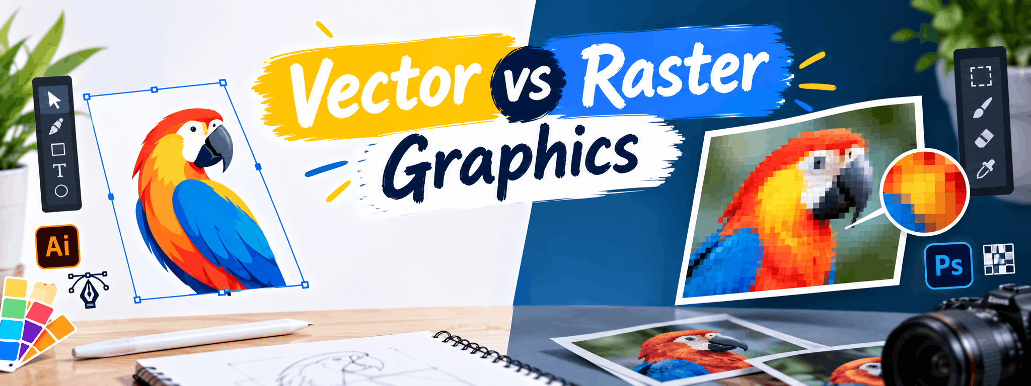 Side-by-side comparison of vector and raster graphics showing pixel grid versus scalable paths